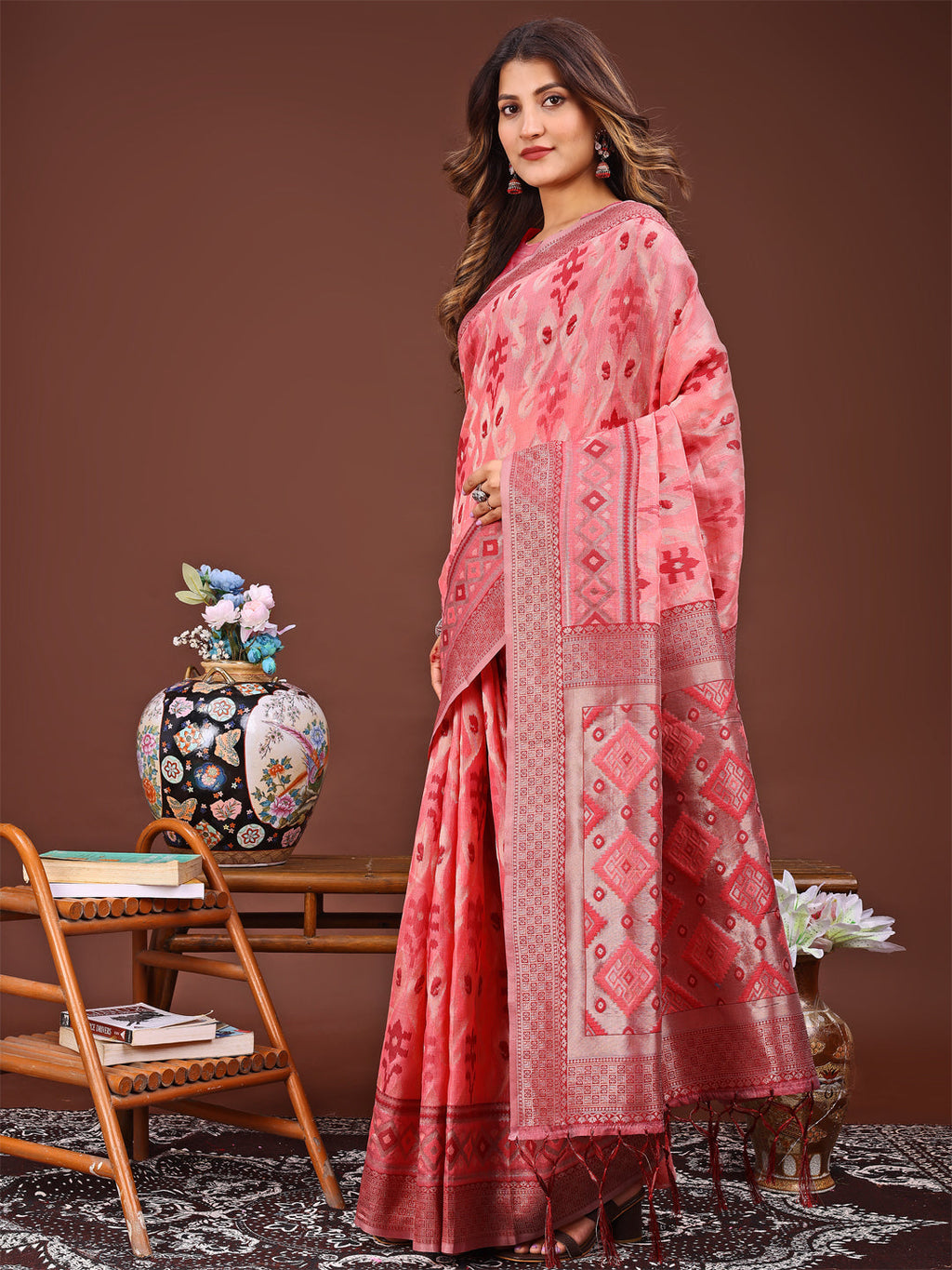 Peach Linen Cotton Patola Saree with Traditional Ethnic Patterns
