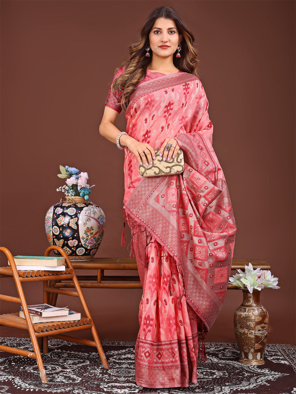 Peach Linen Cotton Patola Saree with Traditional Ethnic Patterns
