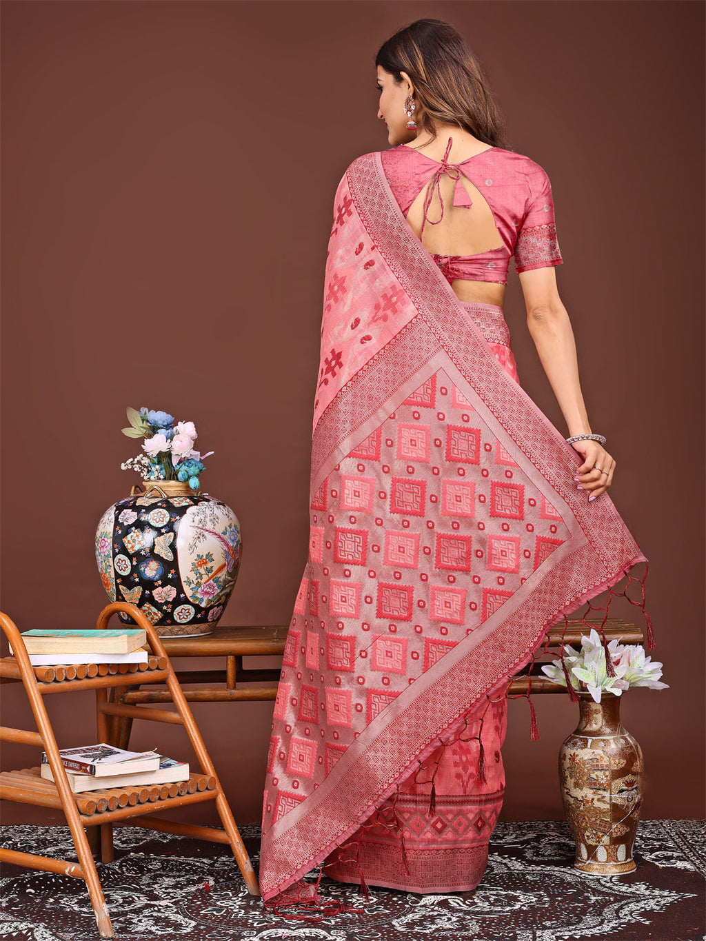 Peach Linen Cotton Patola Saree with Traditional Ethnic Patterns