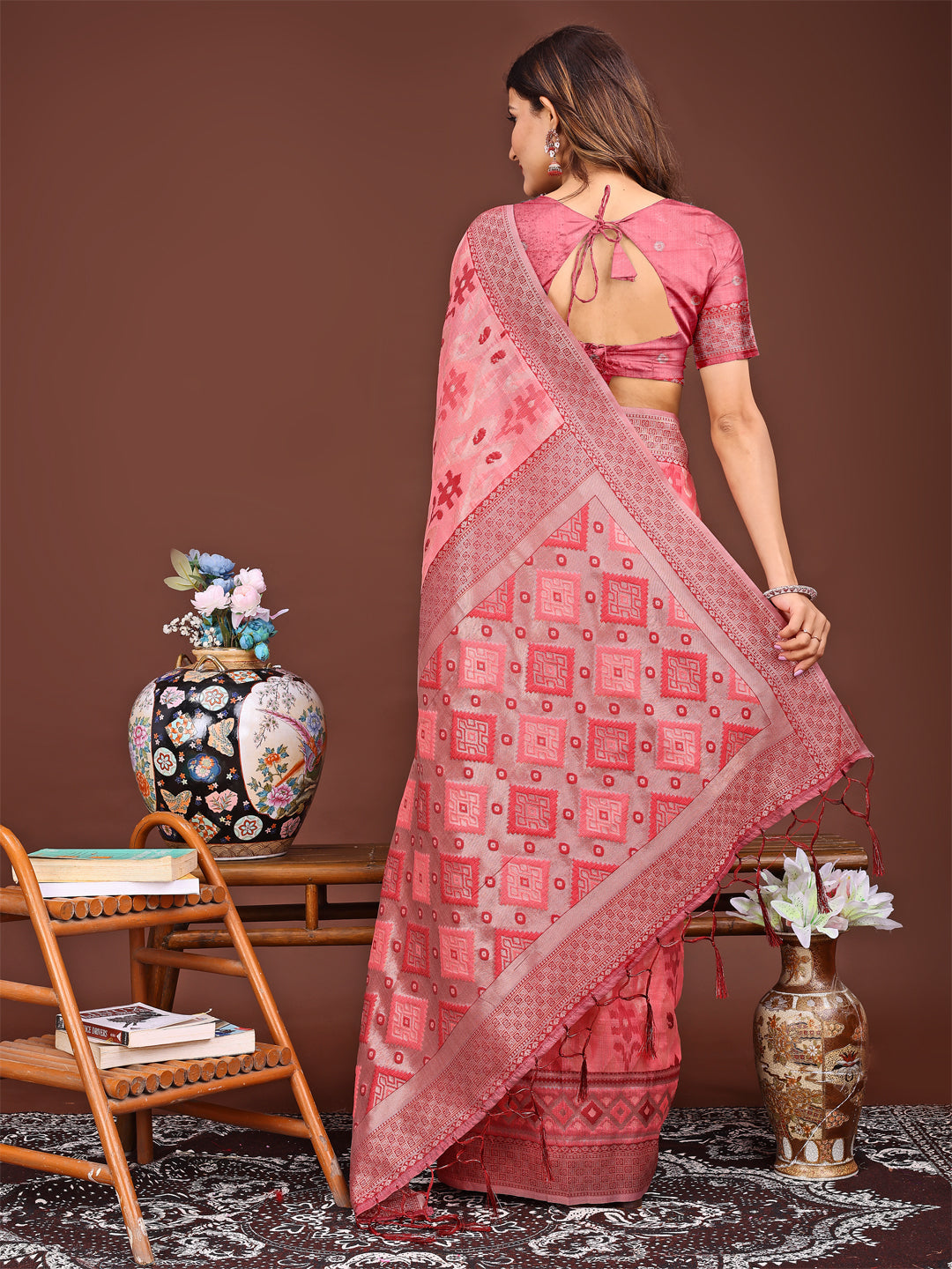 Peach Linen Cotton Patola Saree with Traditional Ethnic Patterns