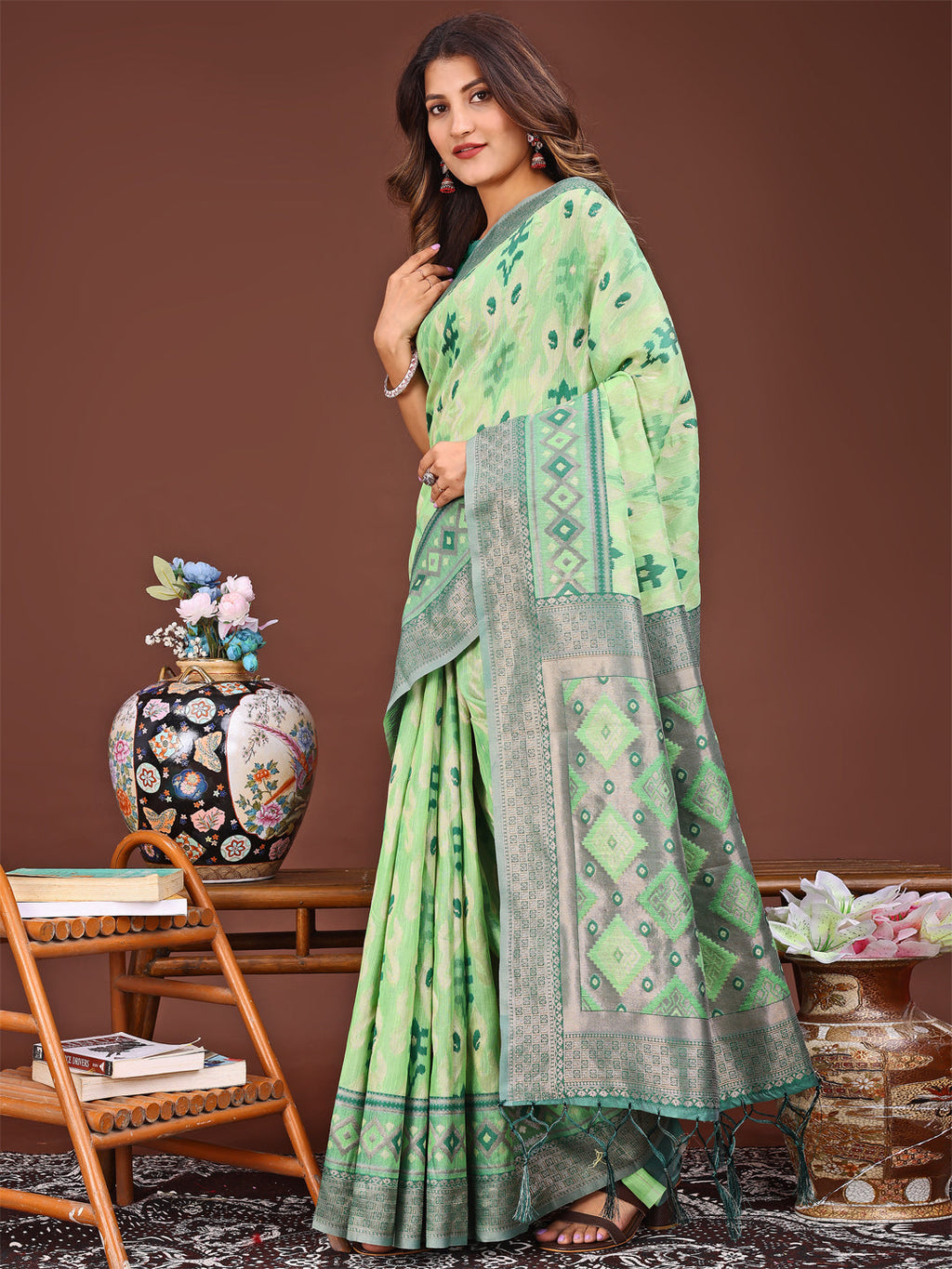 Light Green Linen Cotton Patola Saree - Traditional Festive Wear