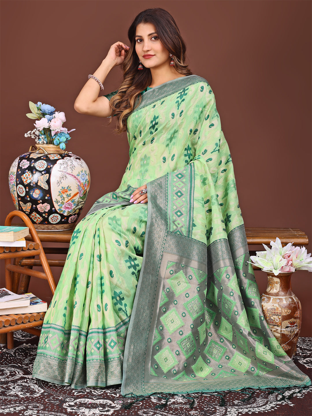 Light Green Linen Cotton Patola Saree - Traditional Festive Wear