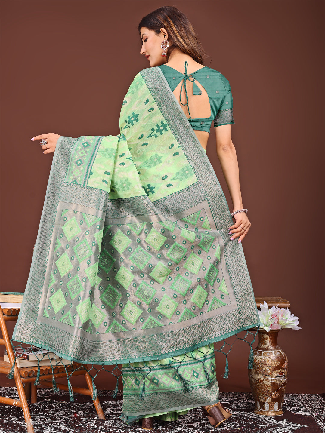 Light Green Linen Cotton Patola Saree - Traditional Festive Wear