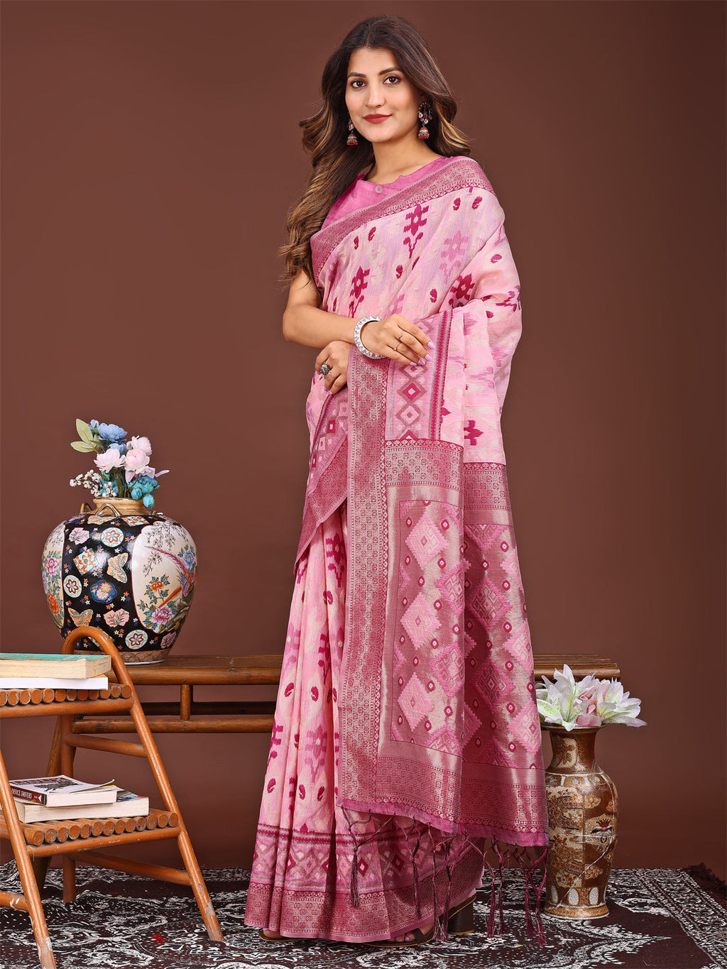 Radiant Pink Linen Cotton Patola Saree - Traditional Ethnic Elegance