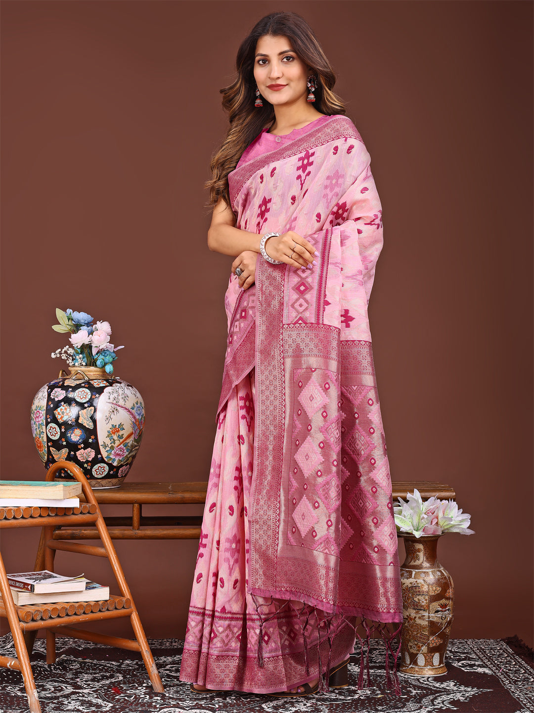 Radiant Pink Linen Cotton Patola Saree - Traditional Ethnic Elegance