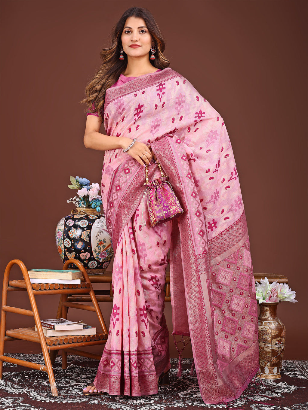 Radiant Pink Linen Cotton Patola Saree - Traditional Ethnic Elegance