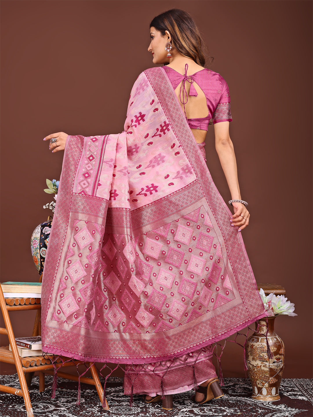 Radiant Pink Linen Cotton Patola Saree - Traditional Ethnic Elegance