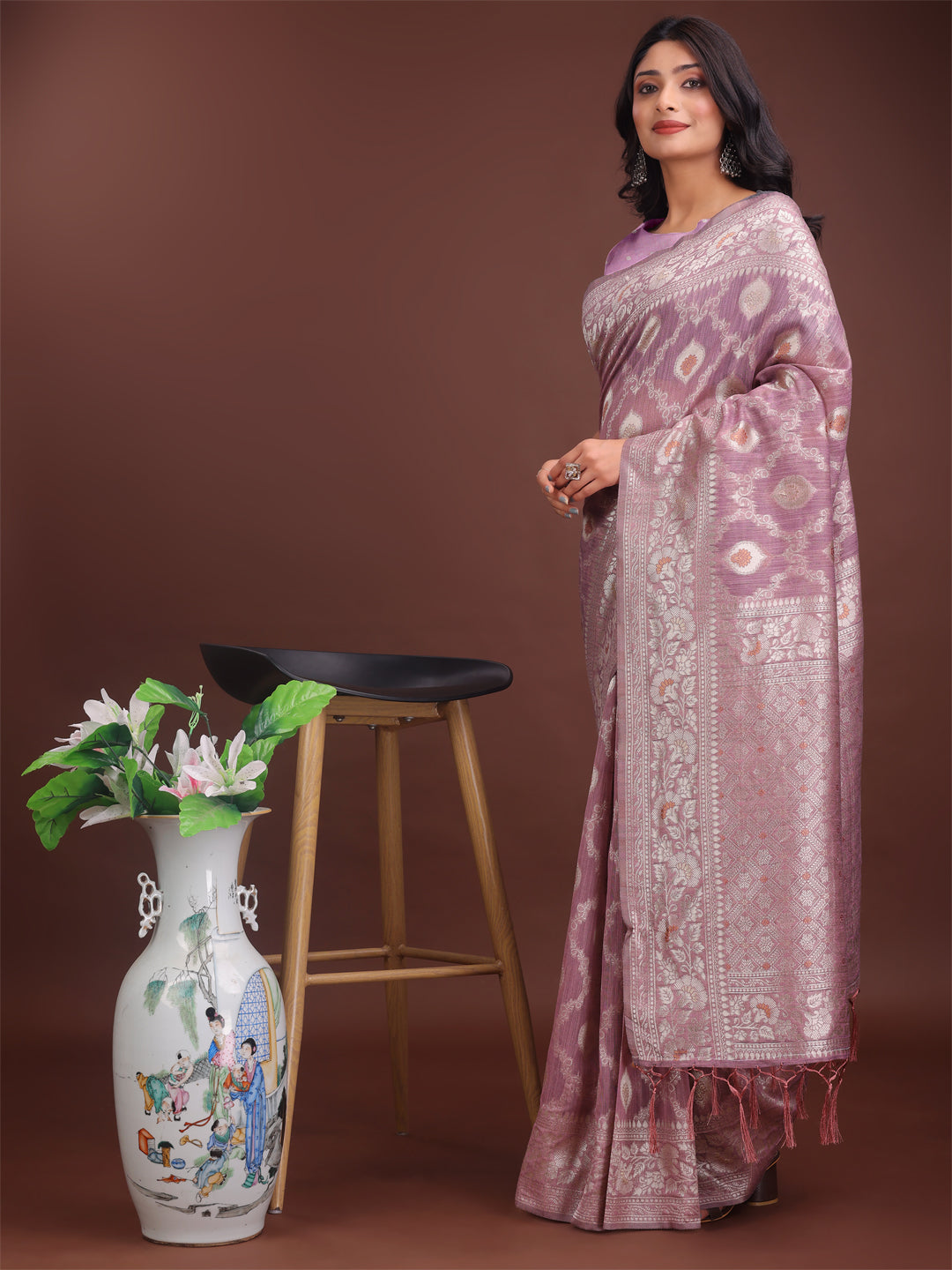 Purple Linen Cotton Saree with Intricate Silver Zari Weaving