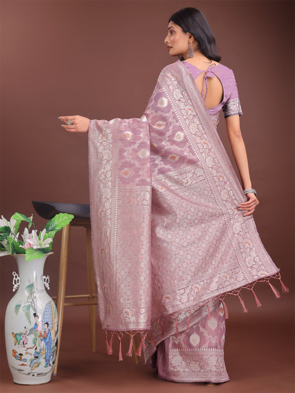 Purple Linen Cotton Saree with Intricate Silver Zari Weaving