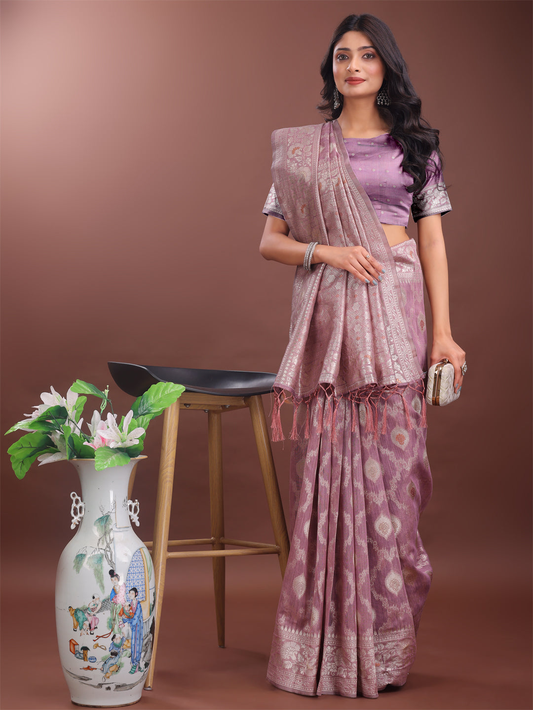 Purple Linen Cotton Saree with Intricate Silver Zari Weaving