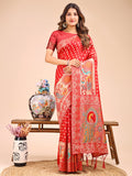 Red linen cotton saree with a detailed royal peacock motif on the pallu.
