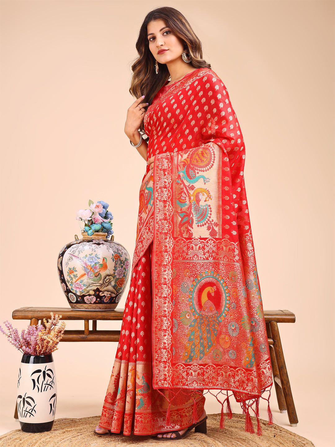 Red Linen Cotton Saree with Royal Peacock Pallu - Heritage Wear