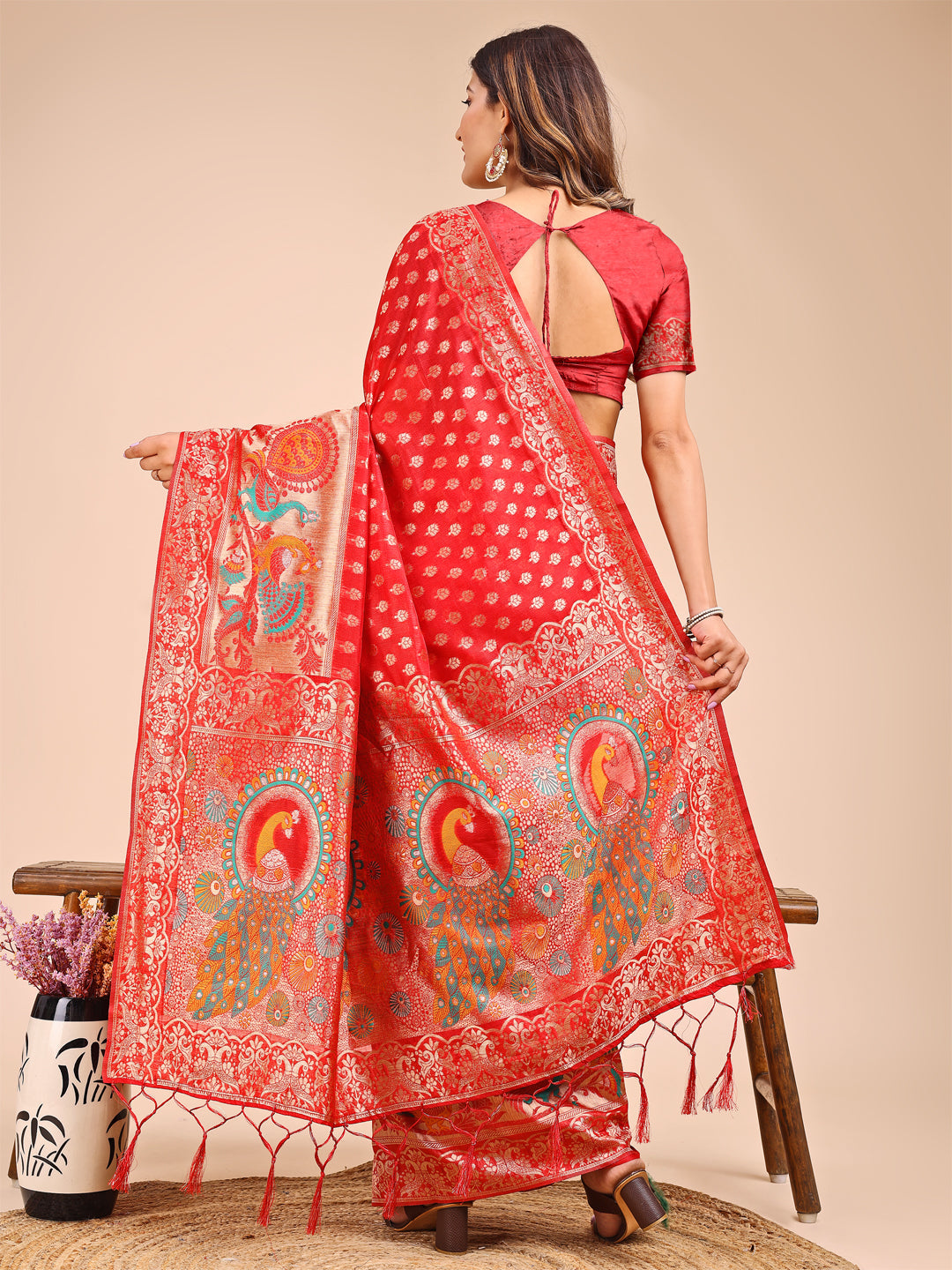 Red Linen Cotton Saree with Royal Peacock Pallu - Heritage Wear