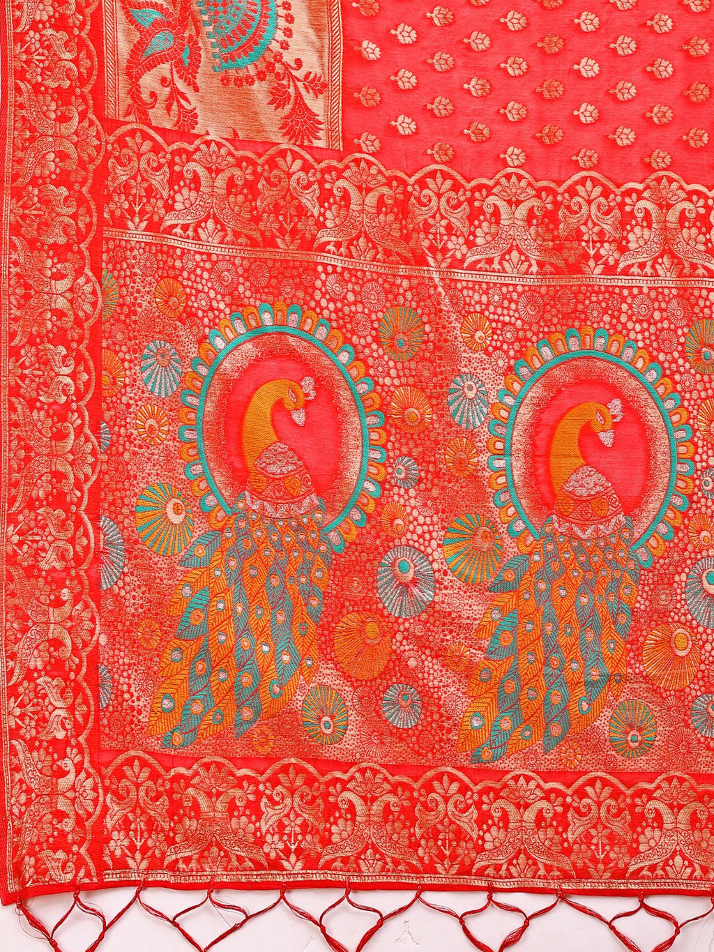 Red Linen Cotton Saree with Royal Peacock Pallu - Heritage Wear