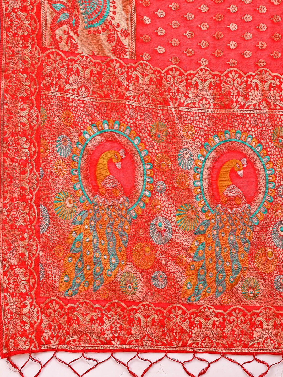 Red Linen Cotton Saree with Royal Peacock Pallu - Heritage Wear