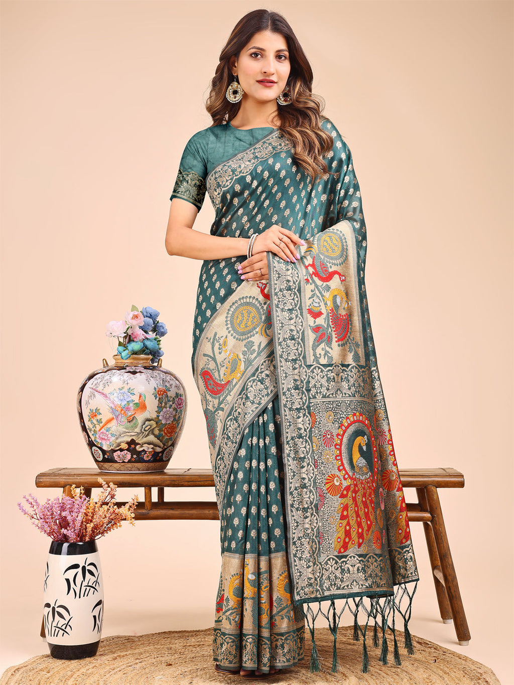 Majestic green linen cotton saree with a detailed peacock pattern on the pallu.