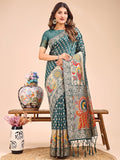 Majestic green linen cotton saree with a detailed peacock pattern on the pallu.