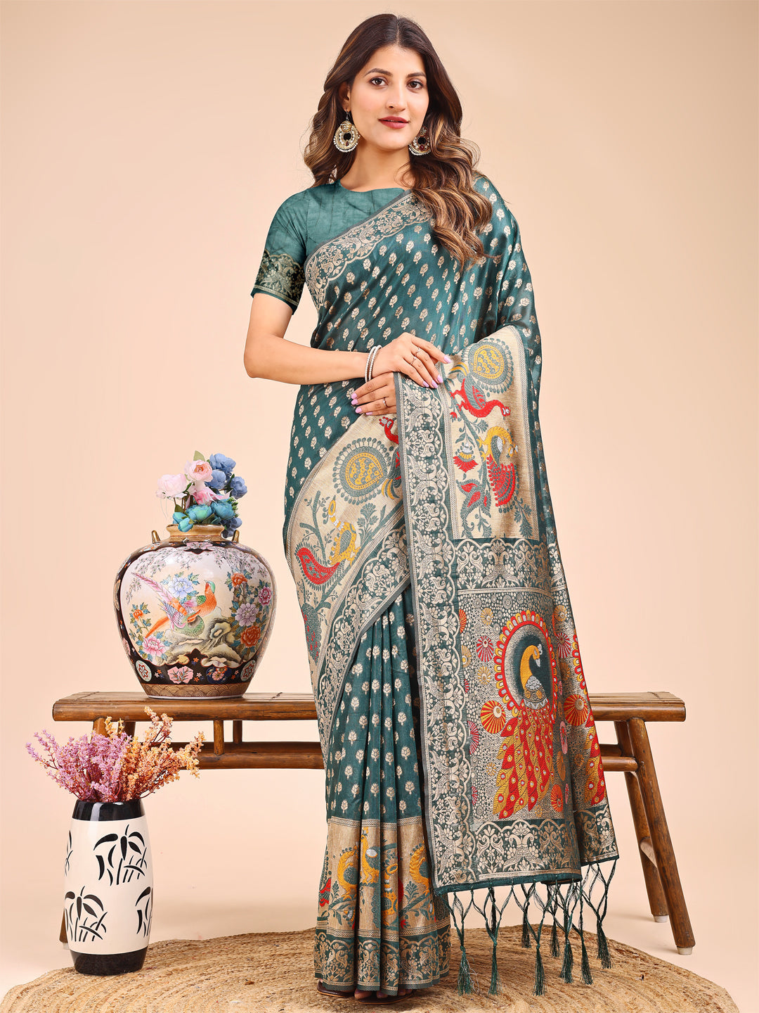 Majestic green linen cotton saree with a detailed peacock pattern on the pallu.