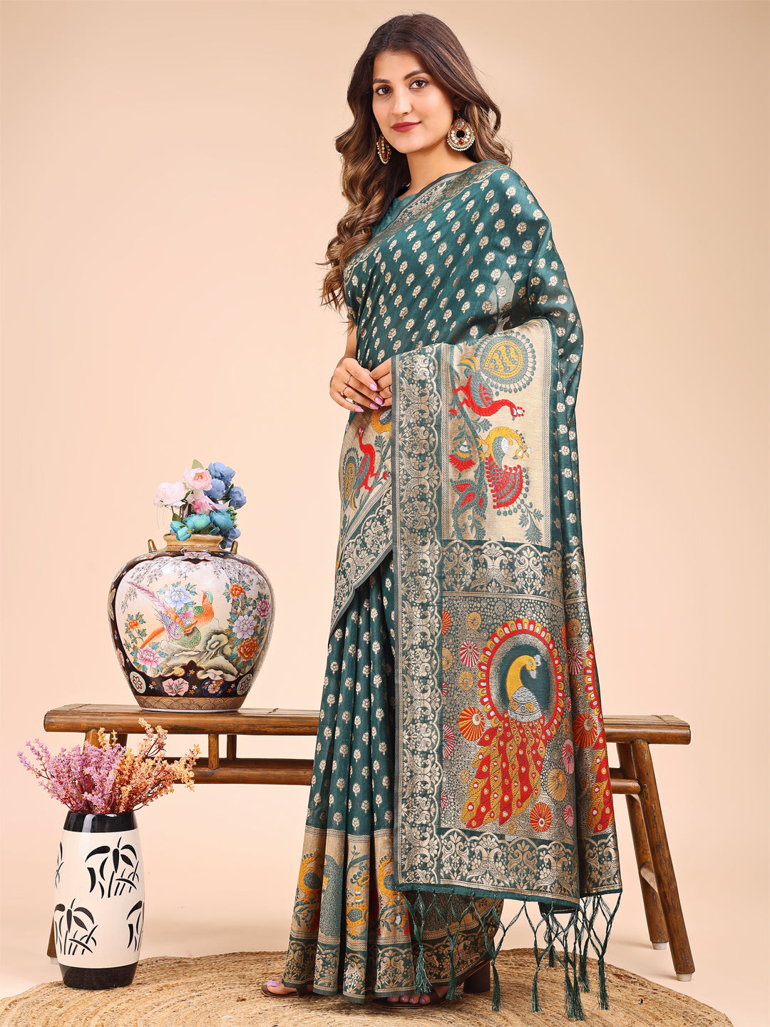 Majestic Green Linen Cotton Saree with Peacock Pallu
