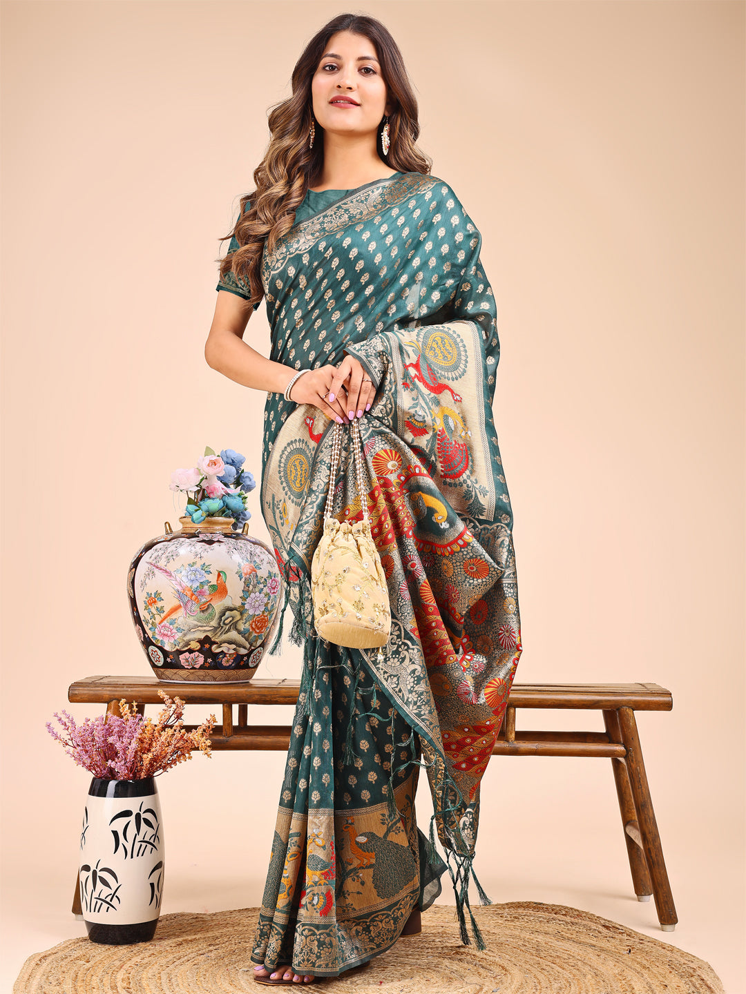 Majestic Green Linen Cotton Saree with Peacock Pallu
