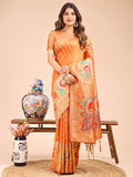 Mustard yellow linen cotton saree with royal peacock motif on the pallu