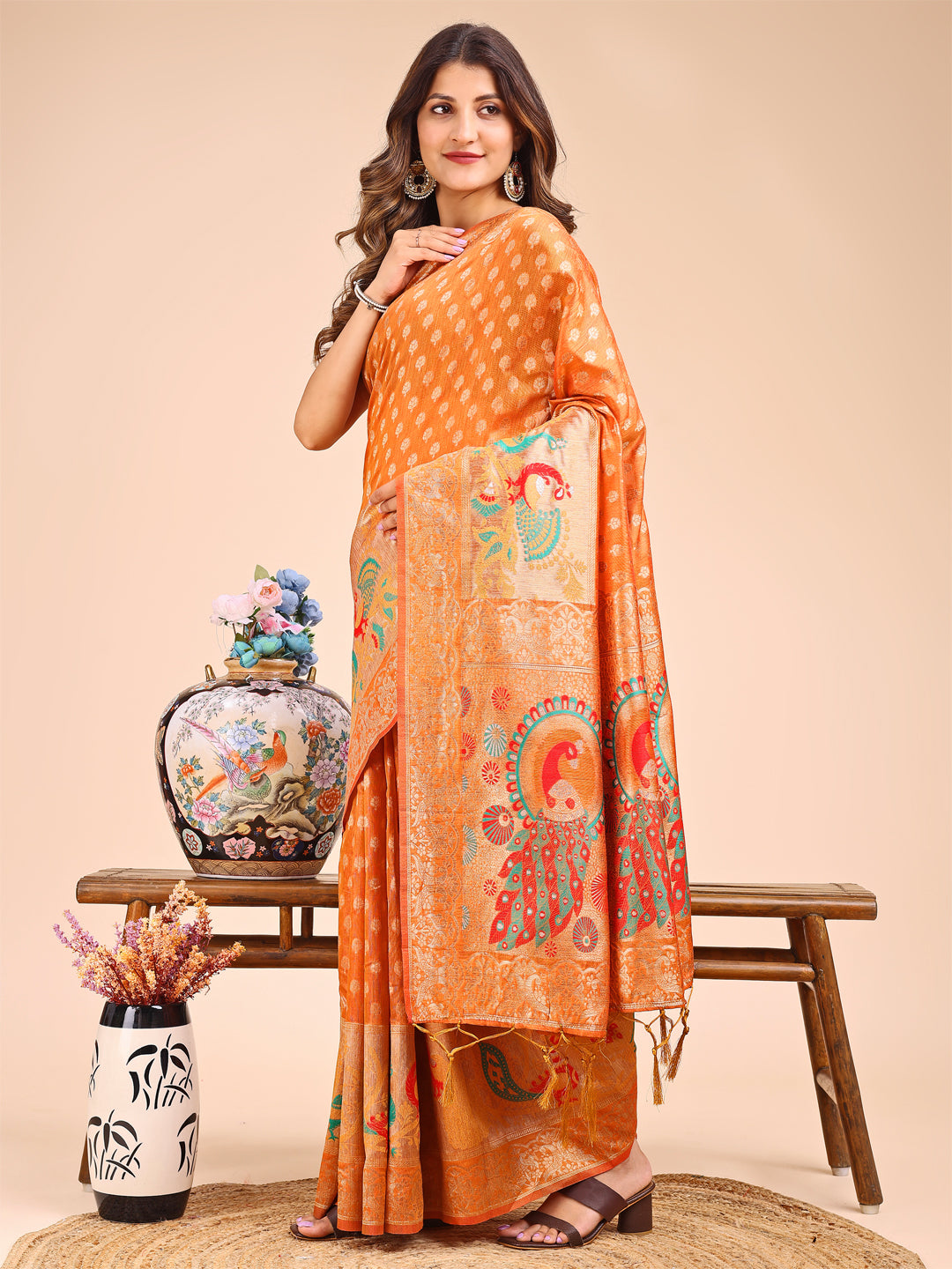 Mustard Linen Cotton Saree with Royal Peacock Pallu