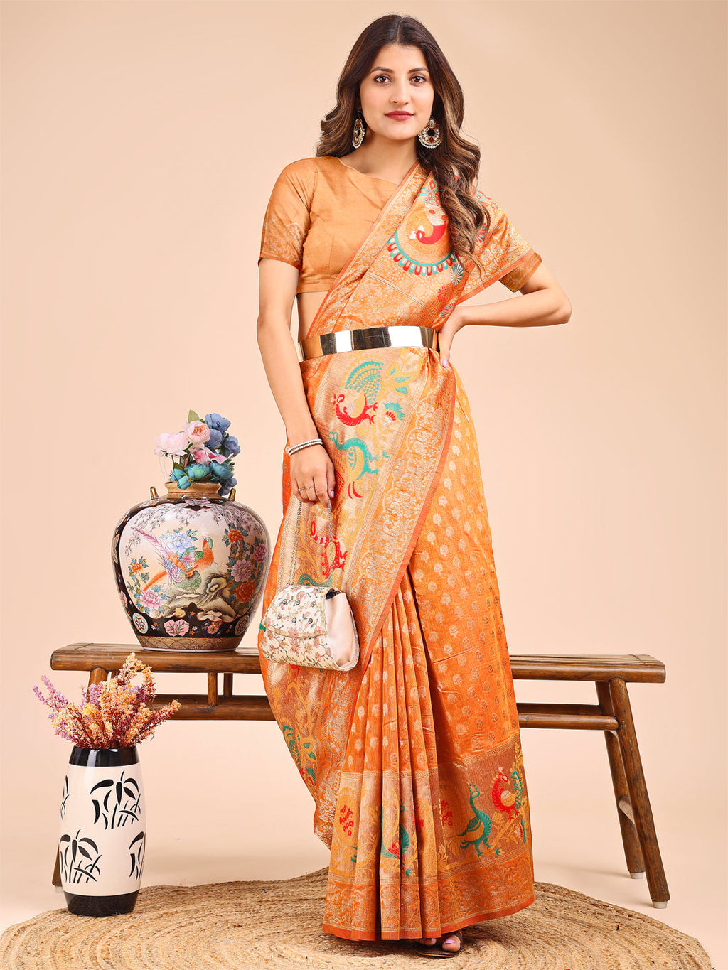 Mustard Linen Cotton Saree with Royal Peacock Pallu