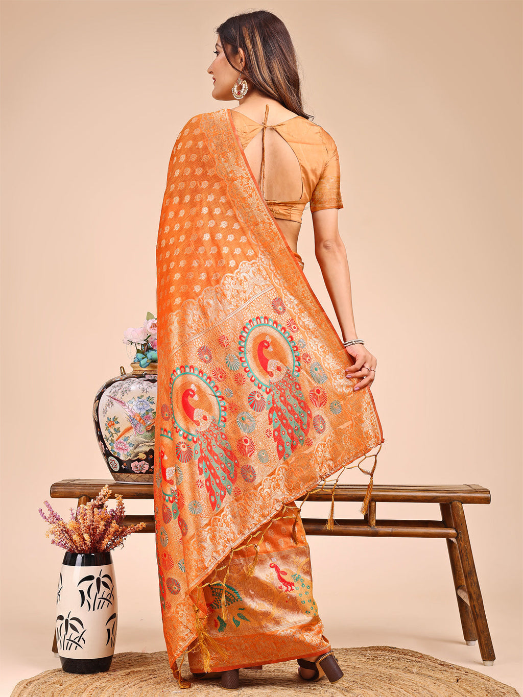 Mustard Linen Cotton Saree with Royal Peacock Pallu