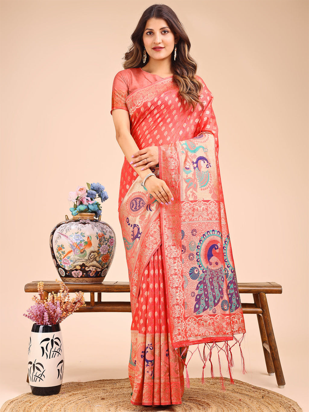 Peach linen cotton saree with a detailed woven royal peacock pallu