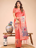 Peach linen cotton saree with a detailed woven royal peacock pallu