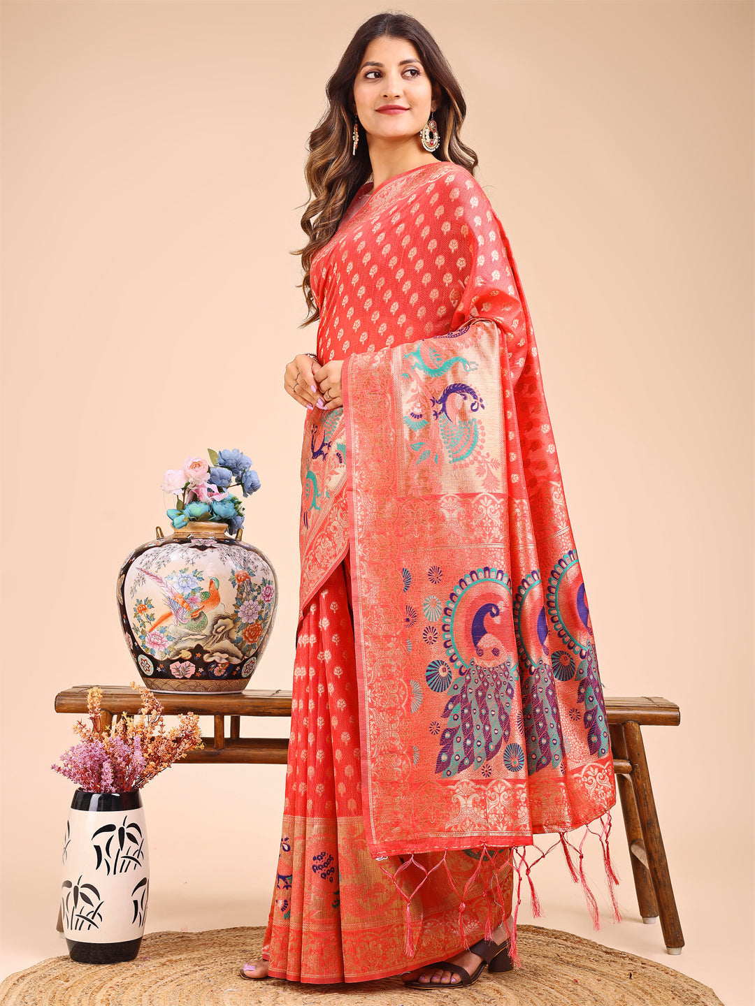 Peach Linen Cotton Saree with Royal Peacock Pallu