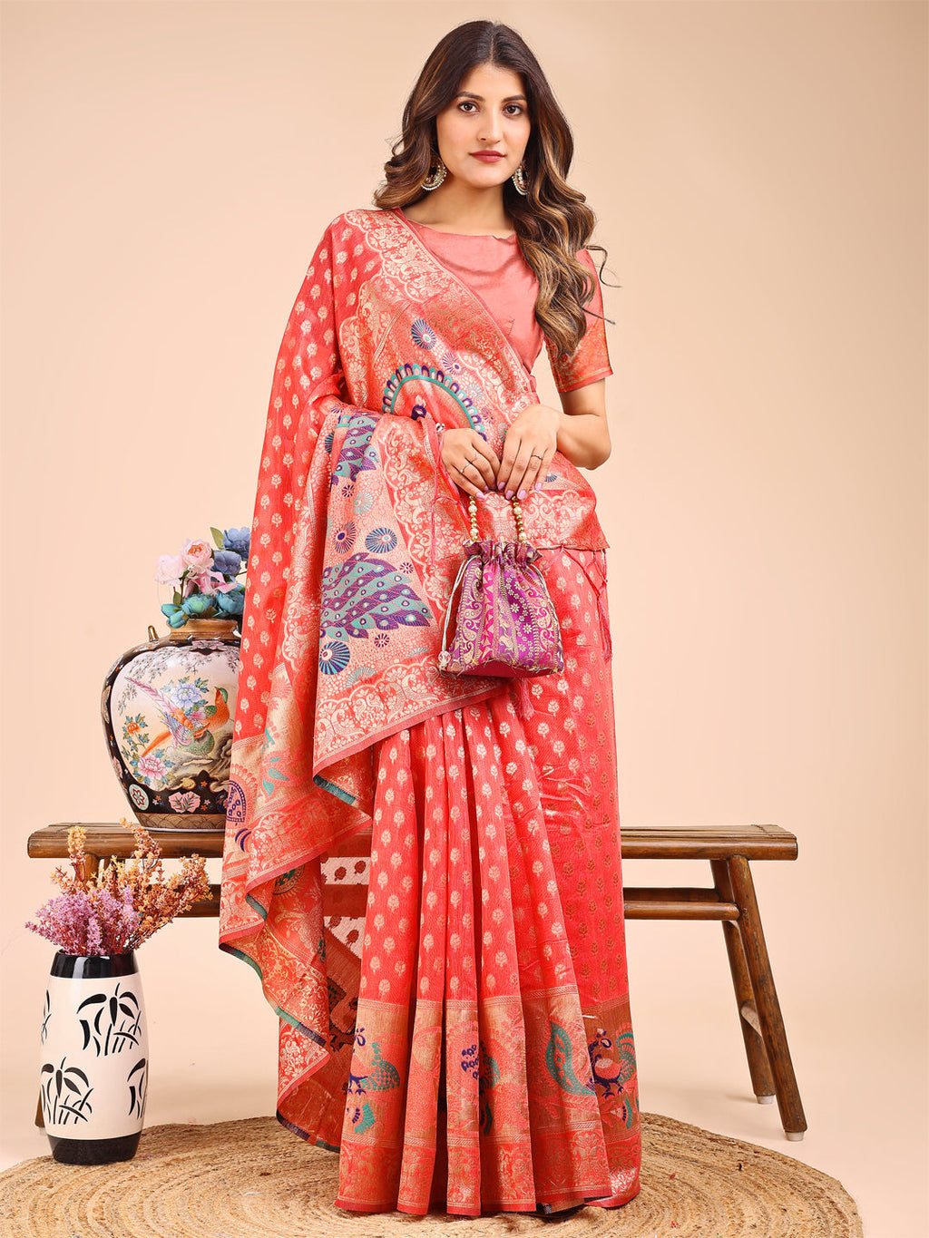 Peach Linen Cotton Saree with Royal Peacock Pallu
