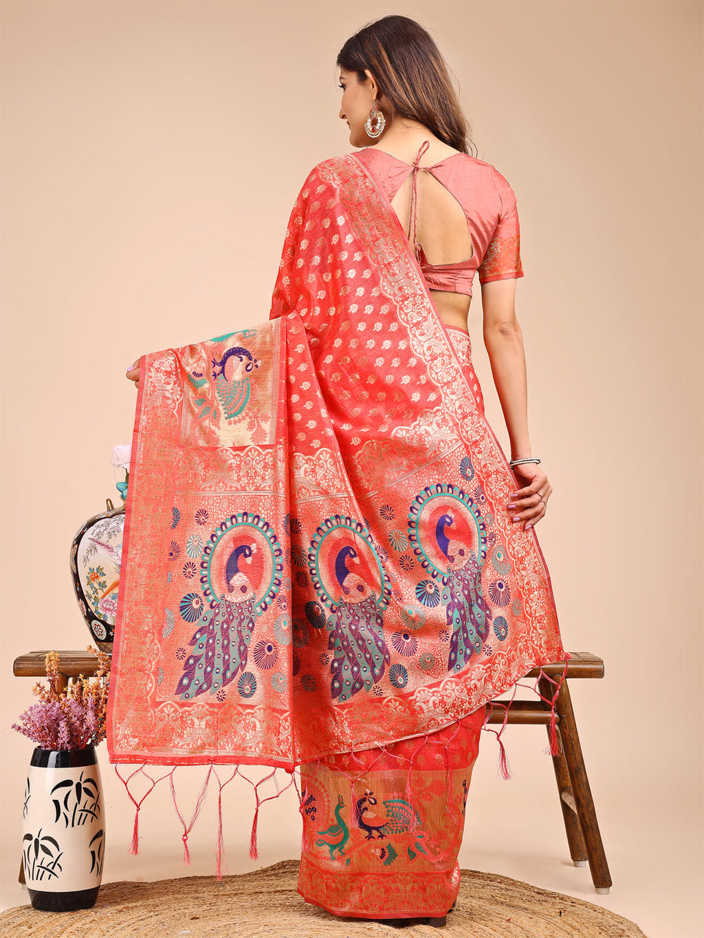 Peach Linen Cotton Saree with Royal Peacock Pallu