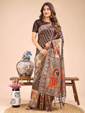 Brown linen-cotton saree with a detailed royal peacock woven pallu