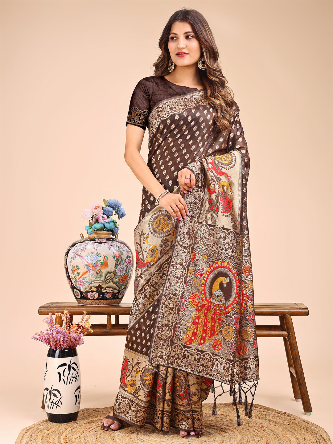Brown linen-cotton saree with a detailed royal peacock woven pallu