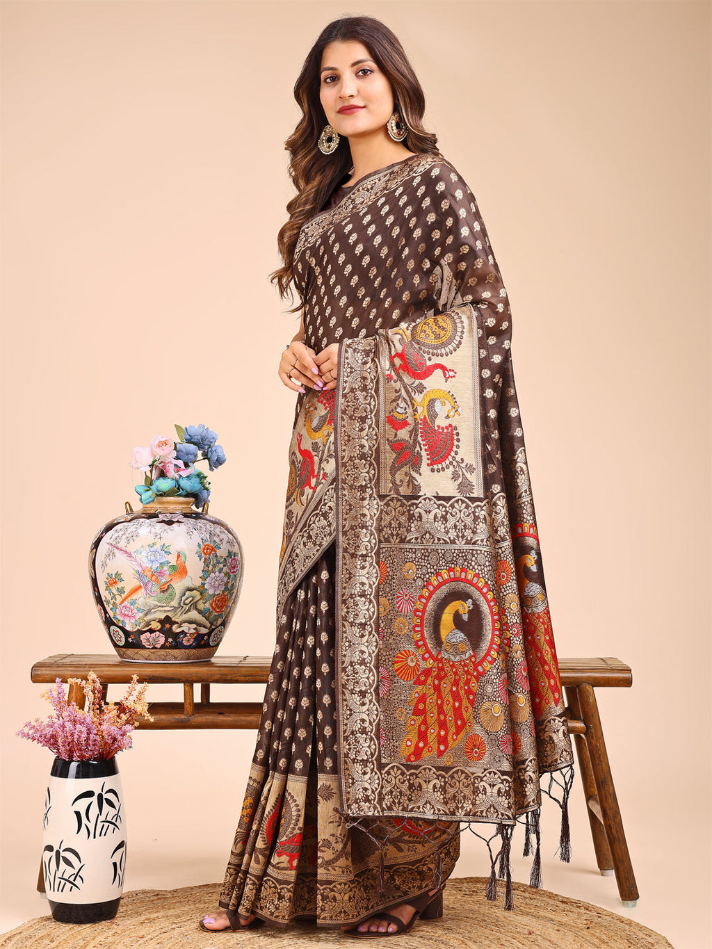 Brown Linen-Cotton Saree with Royal Peacock Woven Pallu