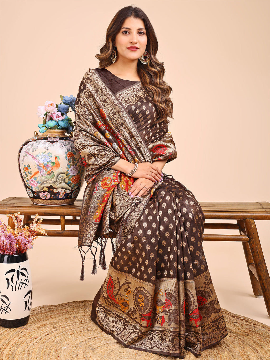 Brown Linen-Cotton Saree with Royal Peacock Woven Pallu