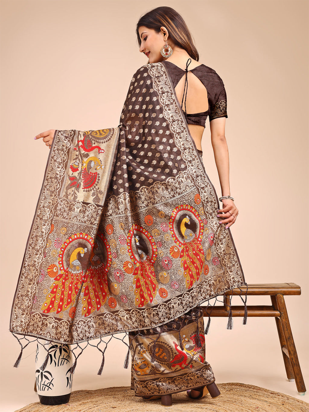 Brown Linen-Cotton Saree with Royal Peacock Woven Pallu