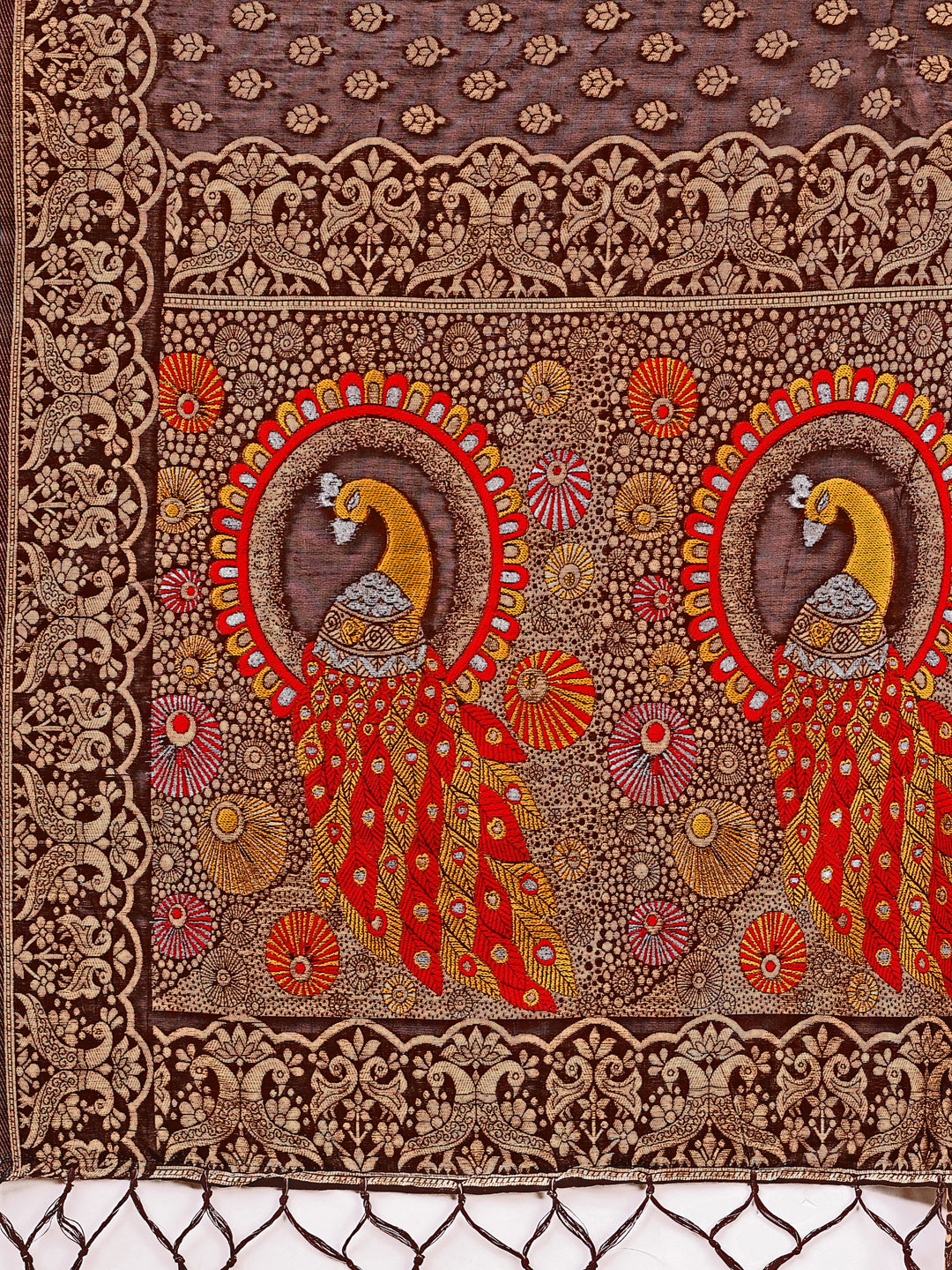 Brown Linen-Cotton Saree with Royal Peacock Woven Pallu