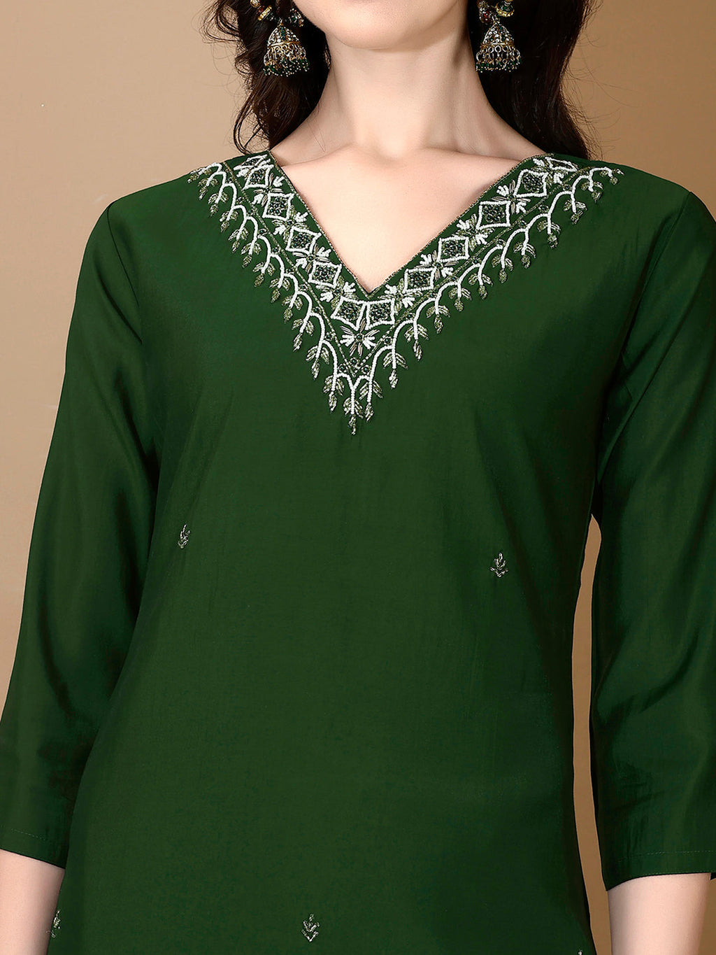 Hand Embroidered Chanderi Kurta Set with Pant and Dupatta - Green