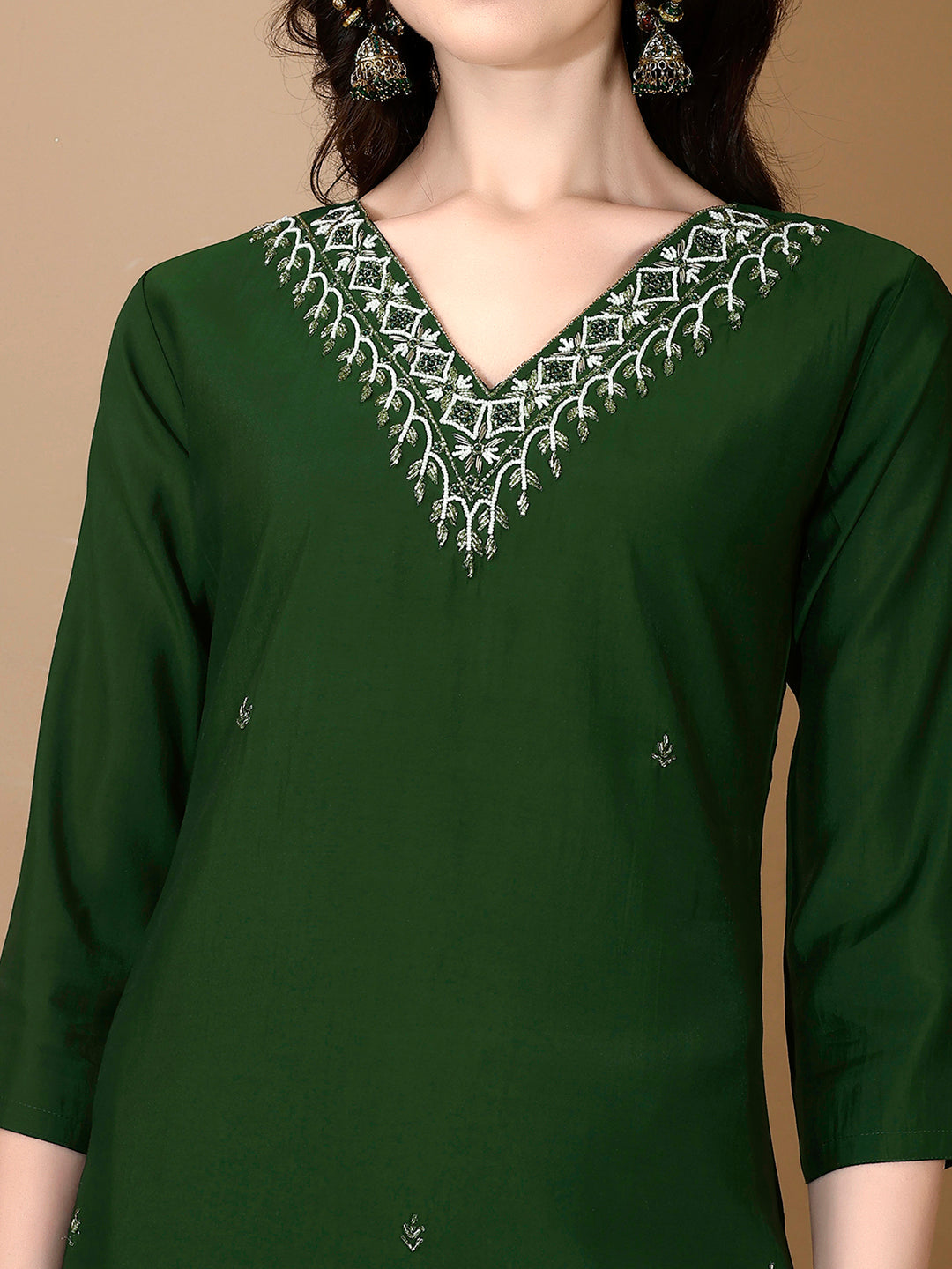 Hand Embroidered Chanderi Kurta Set with Pant and Dupatta - Green