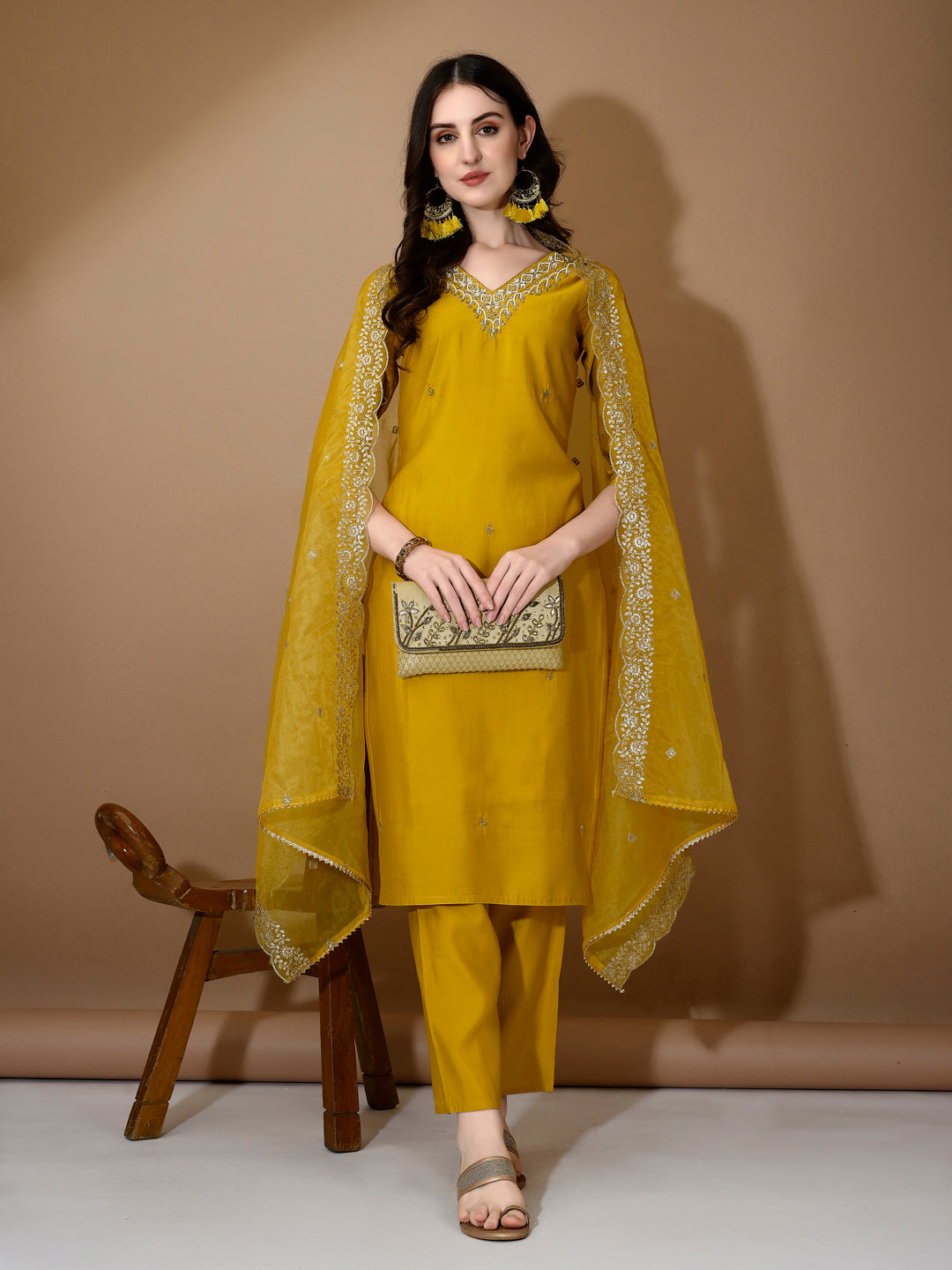 Mustard Chanderi kurta set with hand embroidery and dupatta