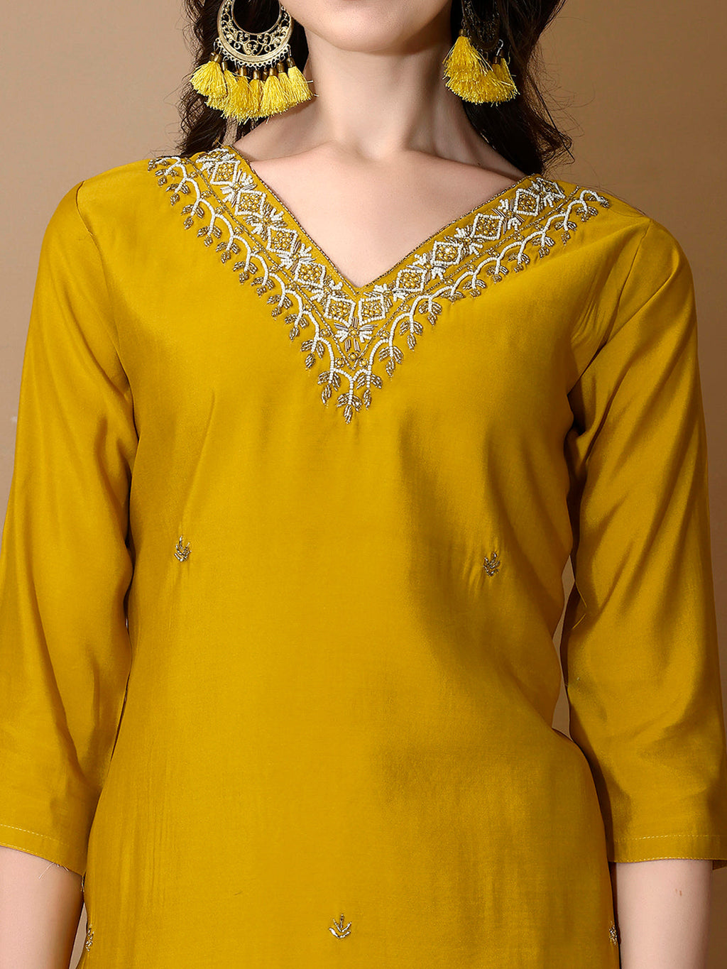 Mustard Hand Embroidered Luxury Kurta Set with Pant and Dupatta