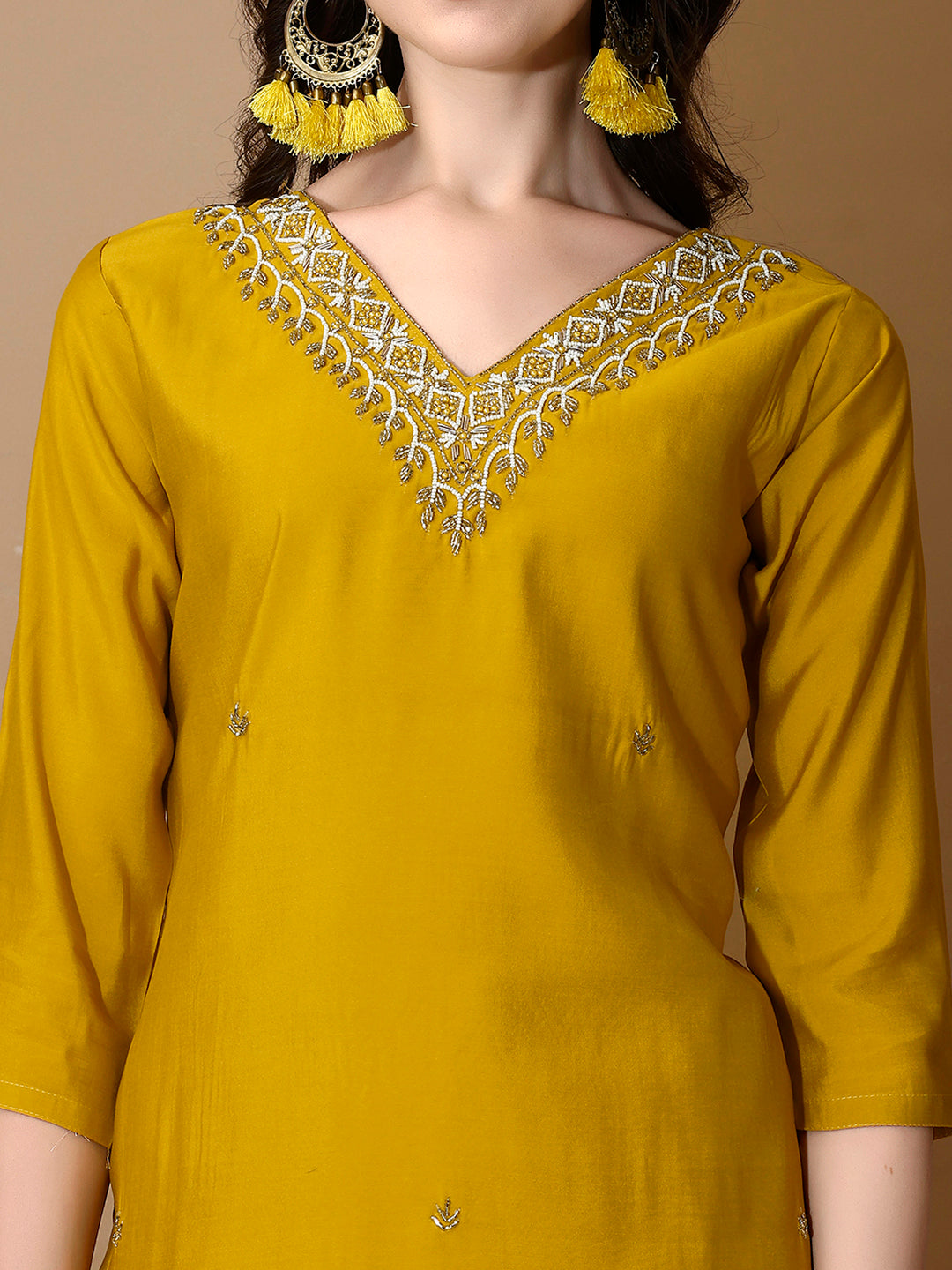 Mustard Hand Embroidered Luxury Kurta Set with Pant and Dupatta