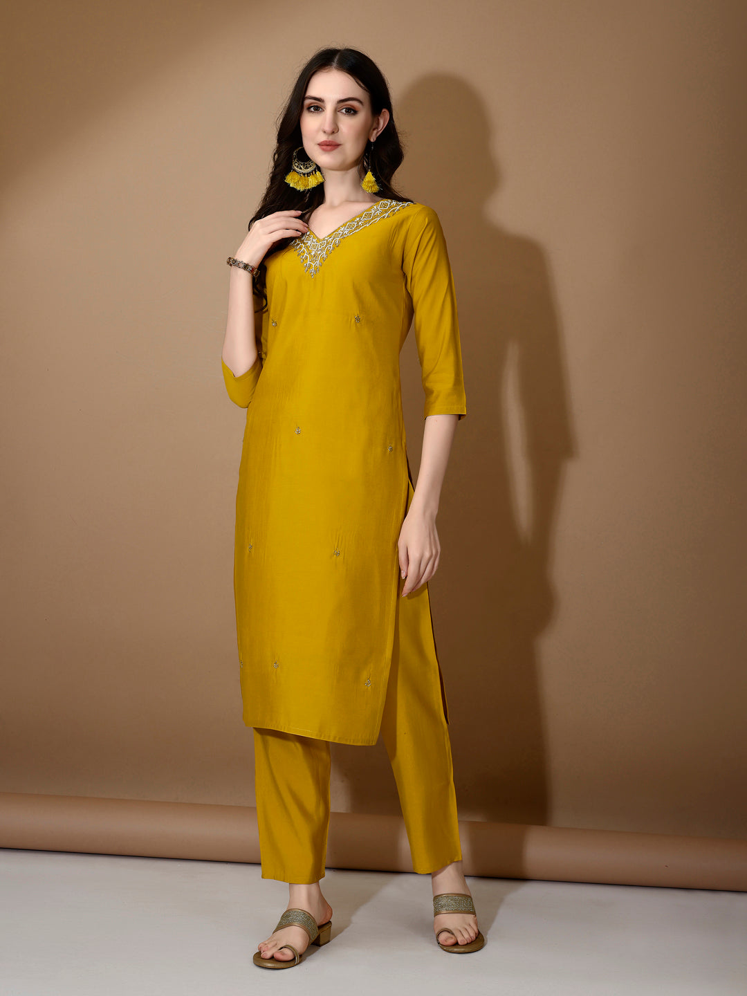 Mustard Hand Embroidered Luxury Kurta Set with Pant and Dupatta