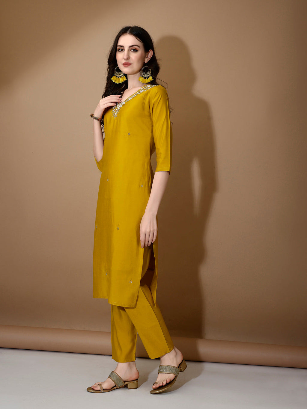 Mustard Hand Embroidered Luxury Kurta Set with Pant and Dupatta