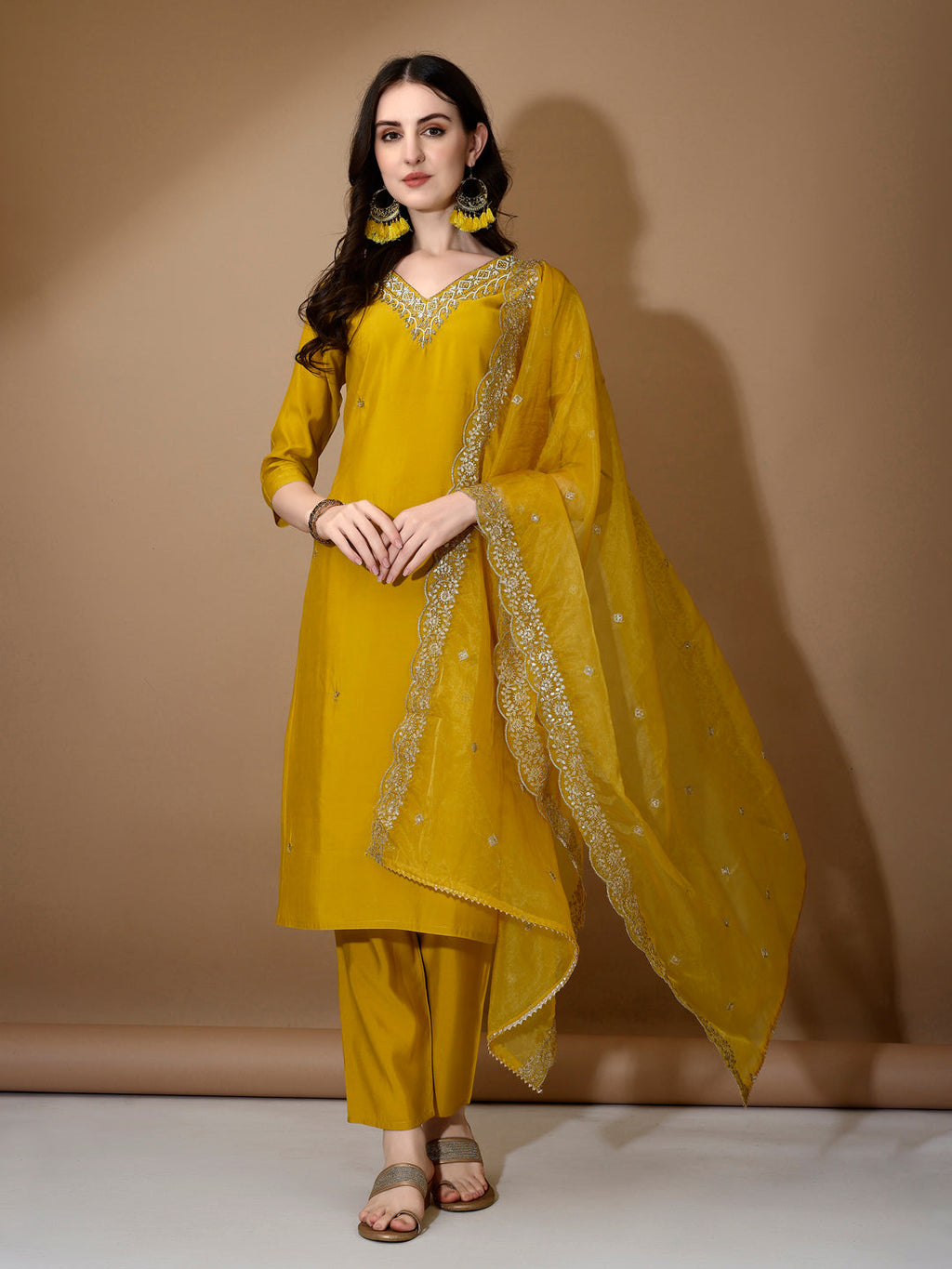 Mustard Hand Embroidered Luxury Kurta Set with Pant and Dupatta