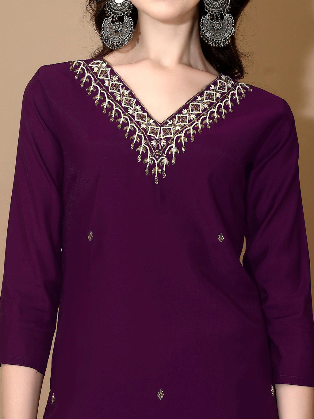 Hand Embroidered Chanderi Kurta Set with Dupatta - Purple