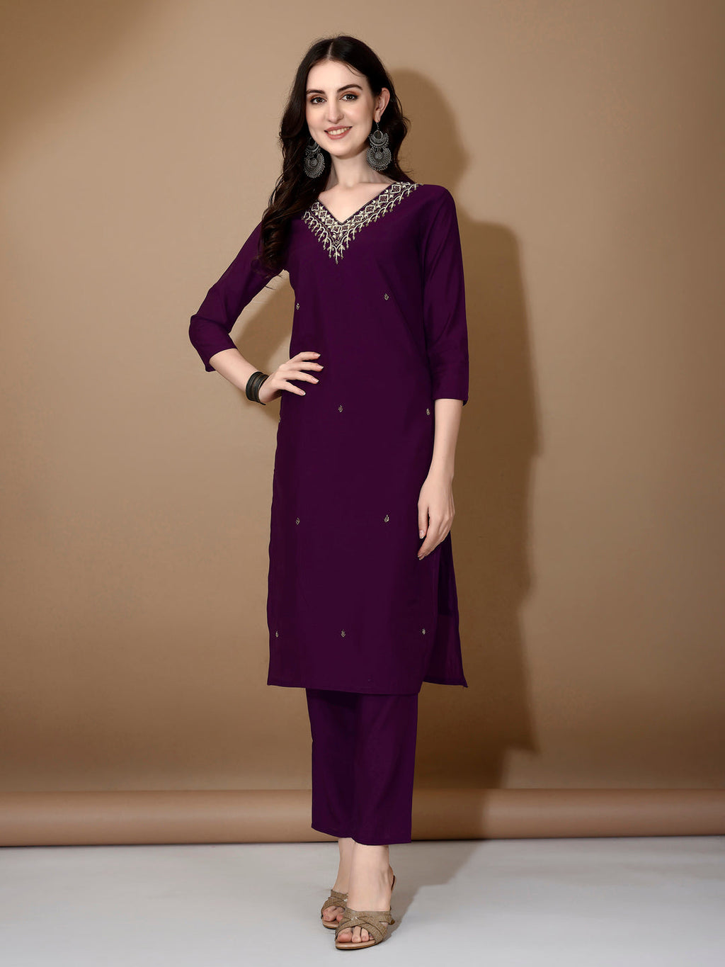 Hand Embroidered Chanderi Kurta Set with Dupatta - Purple