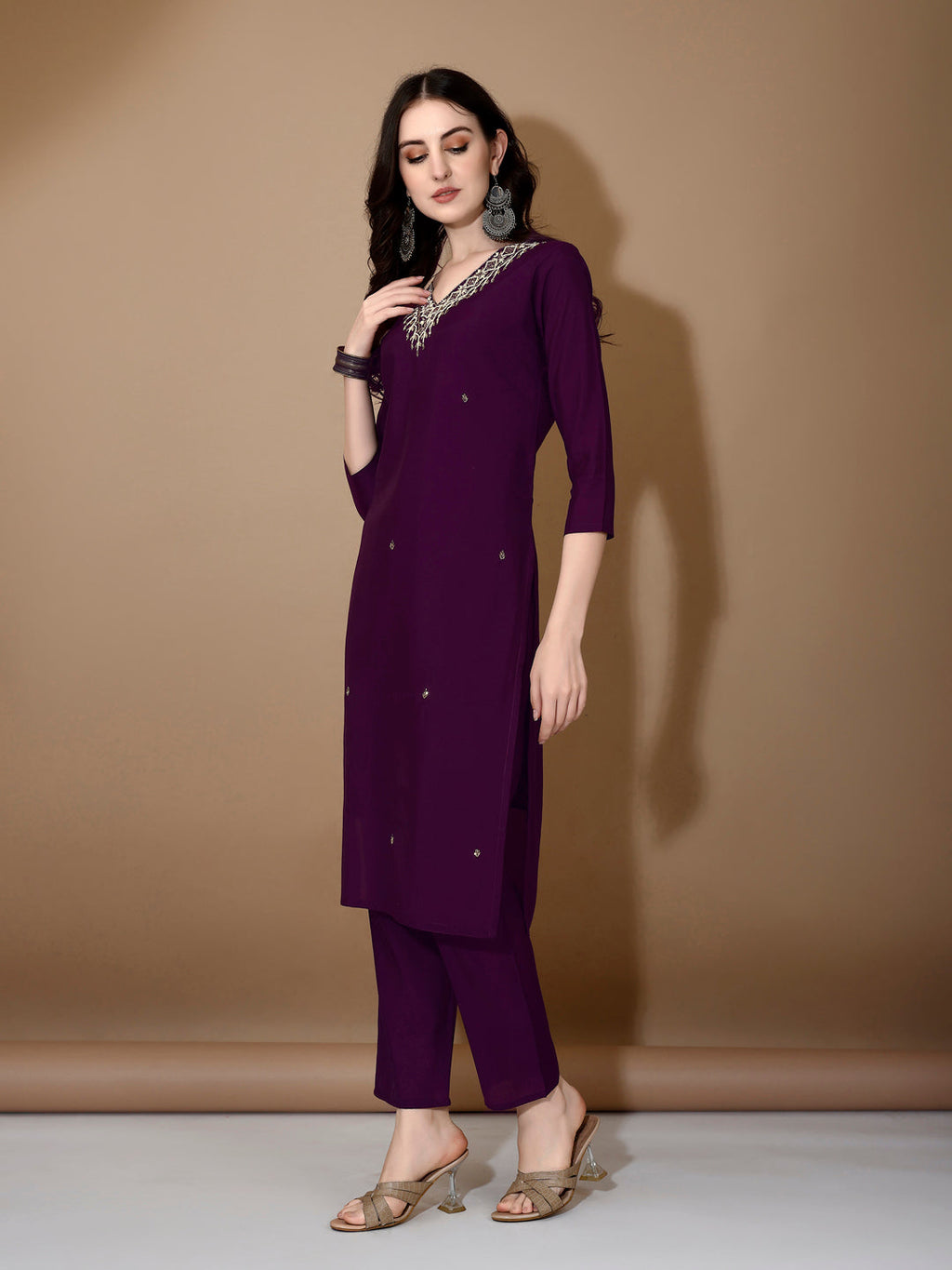 Hand Embroidered Chanderi Kurta Set with Dupatta - Purple